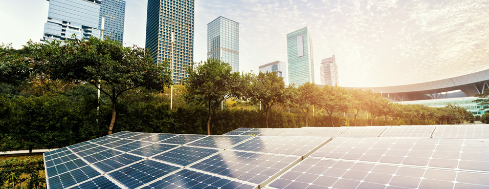 Picture of city with solar panel infrastructure